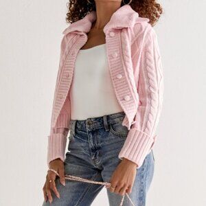 Estela Cable Faux Fur Collar Cardigan Blush